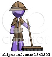 Purple Explorer Ranger Man Standing With Industrial Broom