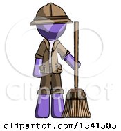 Purple Explorer Ranger Man Standing With Broom Cleaning Services
