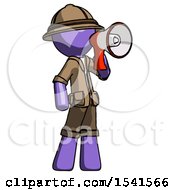 Poster, Art Print Of Purple Explorer Ranger Man Shouting Into Megaphone Bullhorn Facing Right