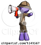 Poster, Art Print Of Purple Explorer Ranger Man Shouting Into Megaphone Bullhorn Facing Left