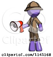 Poster, Art Print Of Purple Explorer Ranger Man Holding Megaphone Bullhorn Facing Right