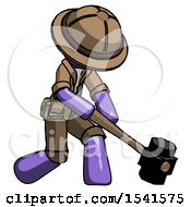 Poster, Art Print Of Purple Explorer Ranger Man Hitting With Sledgehammer Or Smashing Something At Angle