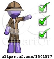 Poster, Art Print Of Purple Explorer Ranger Man Standing By List Of Checkmarks