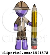 Poster, Art Print Of Purple Explorer Ranger Man With Large Pencil Standing Ready To Write