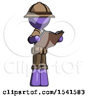 Purple Explorer Ranger Man Reading Book While Standing Up Facing Away