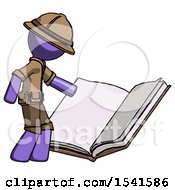 Purple Explorer Ranger Man Reading Big Book While Standing Beside It