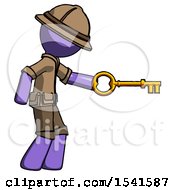 Purple Explorer Ranger Man With Big Key Of Gold Opening Something