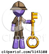Poster, Art Print Of Purple Explorer Ranger Man Holding Key Made Of Gold
