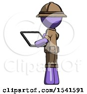Poster, Art Print Of Purple Explorer Ranger Man Looking At Tablet Device Computer With Back To Viewer