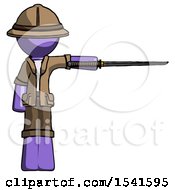 Poster, Art Print Of Purple Explorer Ranger Man Standing With Ninja Sword Katana Pointing Right