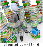 Businessman Doing Research In A Library Full Of An Unorganized Mess Of Colorful Stacked Books Clipart Illustration Image by 3poD