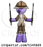 Poster, Art Print Of Purple Explorer Ranger Man Posing With Two Ninja Sword Katanas Up