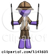 Purple Explorer Ranger Man Posing With Two Ninja Sword Katanas Up