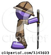 Poster, Art Print Of Purple Explorer Ranger Man Kneeling With Ninja Sword Katana Showing Respect