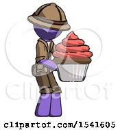 Poster, Art Print Of Purple Explorer Ranger Man Holding Large Cupcake Ready To Eat Or Serve