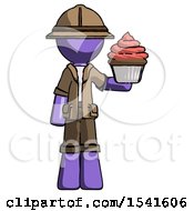Poster, Art Print Of Purple Explorer Ranger Man Presenting Pink Cupcake To Viewer