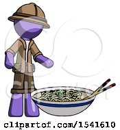 Poster, Art Print Of Purple Explorer Ranger Man And Noodle Bowl Giant Soup Restaraunt Concept