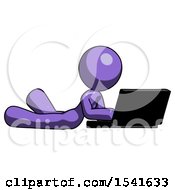 Poster, Art Print Of Purple Design Mascot Woman Using Laptop Computer While Lying On Floor Side Angled View