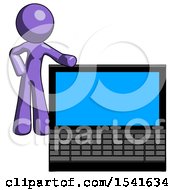 Poster, Art Print Of Purple Design Mascot Man Beside Large Laptop Computer Leaning Against It