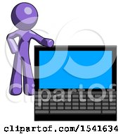 Purple Design Mascot Man Beside Large Laptop Computer Leaning Against It