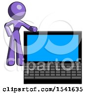 Poster, Art Print Of Purple Design Mascot Woman Beside Large Laptop Computer Leaning Against It