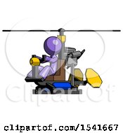 Purple Design Mascot Man Flying In Gyrocopter Front Side Angle View