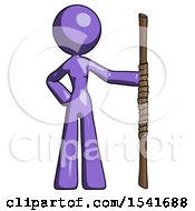 Purple Design Mascot Woman Holding Staff Or Bo Staff