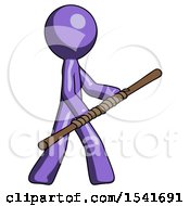 Poster, Art Print Of Purple Design Mascot Man Holding Bo Staff In Sideways Defense Pose