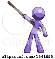 Purple Design Mascot Man Bo Staff Pointing Up Pose