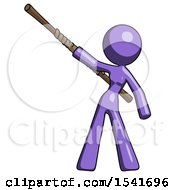 Purple Design Mascot Woman Bo Staff Pointing Up Pose