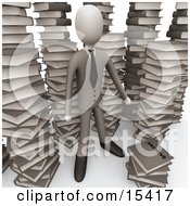 Businessman Doing Research In A Library Full Of An Unorganized Mess Of Stacked Books Clipart Illustration Image