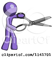 Purple Design Mascot Man Holding Giant Scissors Cutting Out Something