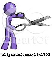 Purple Design Mascot Woman Holding Giant Scissors Cutting Out Something