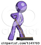 Purple Design Mascot Man Cleaning Services Janitor Sweeping Floor With Push Broom