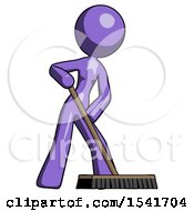 Purple Design Mascot Woman Cleaning Services Janitor Sweeping Floor With Push Broom