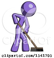 Purple Design Mascot Man Cleaning Services Janitor Sweeping Side View