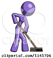 Purple Design Mascot Woman Cleaning Services Janitor Sweeping Side View