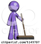 Purple Design Mascot Man Standing With Industrial Broom