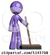 Purple Design Mascot Woman Standing With Industrial Broom