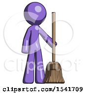 Purple Design Mascot Man Standing With Broom Cleaning Services