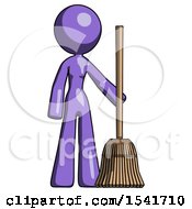 Purple Design Mascot Woman Standing With Broom Cleaning Services