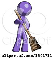 Purple Design Mascot Man Sweeping Area With Broom