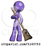 Purple Design Mascot Woman Sweeping Area With Broom