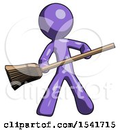 Purple Design Mascot Man Broom Fighter Defense Pose