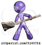 Purple Design Mascot Woman Broom Fighter Defense Pose