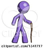 Purple Design Mascot Man Walking With Hiking Stick