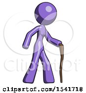 Purple Design Mascot Woman Walking With Hiking Stick