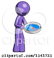 Purple Design Mascot Man Looking At Large Compass Facing Right