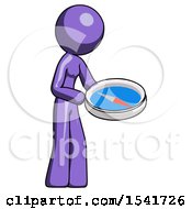 Purple Design Mascot Woman Looking At Large Compass Facing Right