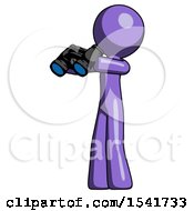 Purple Design Mascot Man Holding Binoculars Ready To Look Left